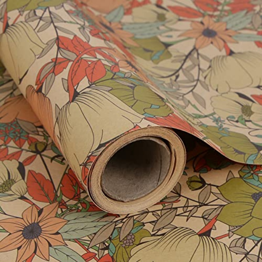 Flower Wrap Kraft - Рулон крафт-бумаги с цветочным узором, универсальная